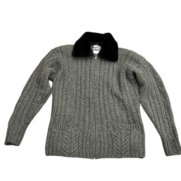 April Cornell Vtg Wool Cable Knit Zip Cardigan, Fur Collar, Green, L - Picture 12 of 13